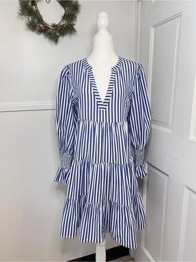 Pomander Place Kenzo Blue and White Stripe Cotton Poplin Tiered Mini Dress